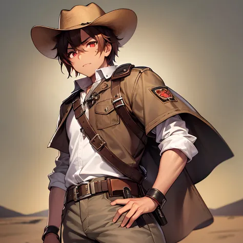 Red eyes, man, short brown hair, tan skin, brown cowboy clothes, brown cowboy hat, scar on the eye, guns attached to the belt, l...