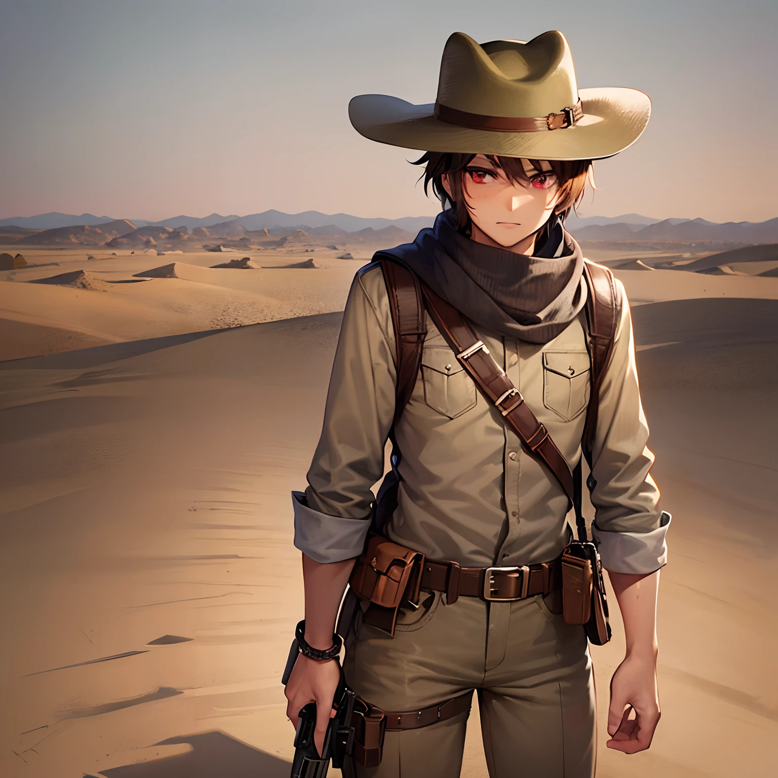 Red eyes, man, short brown hair, tan skin, brown cowboy clothes, brown cowboy hat, scar on the eye, guns attached to the belt, looking at the viewer, in a desert in Australia, solo, cowboy shot, male, masterpiece