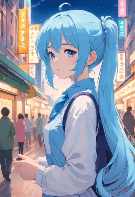 Light blue hair，double ponytail curls，blue color eyes，White Lolita，Beth，busy cityscape