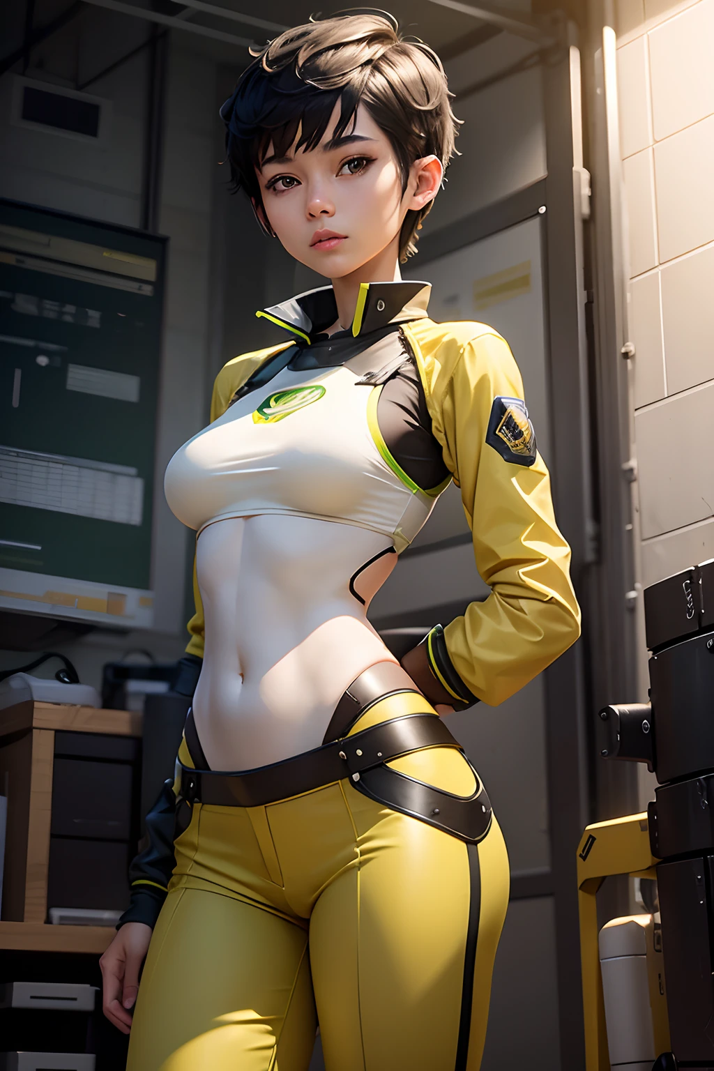 Emelia is a dedicated AI robotics engineer. She is wearing a work uniform  with pants that is yellow and green. She's a slender, toned, slightly muscular woman with black short pixie haircut small breast. Emelia's a mix of white and Japanese ethnicity, standing at 5'6". She is standing in front of a robot she built.