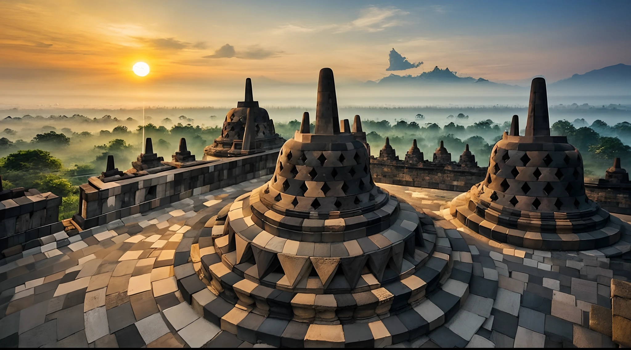 (chef-d&#39;œuvre), (Réaliste), (Indonésie), Le magnifique coucher de soleil sur le temple de Borobudur,