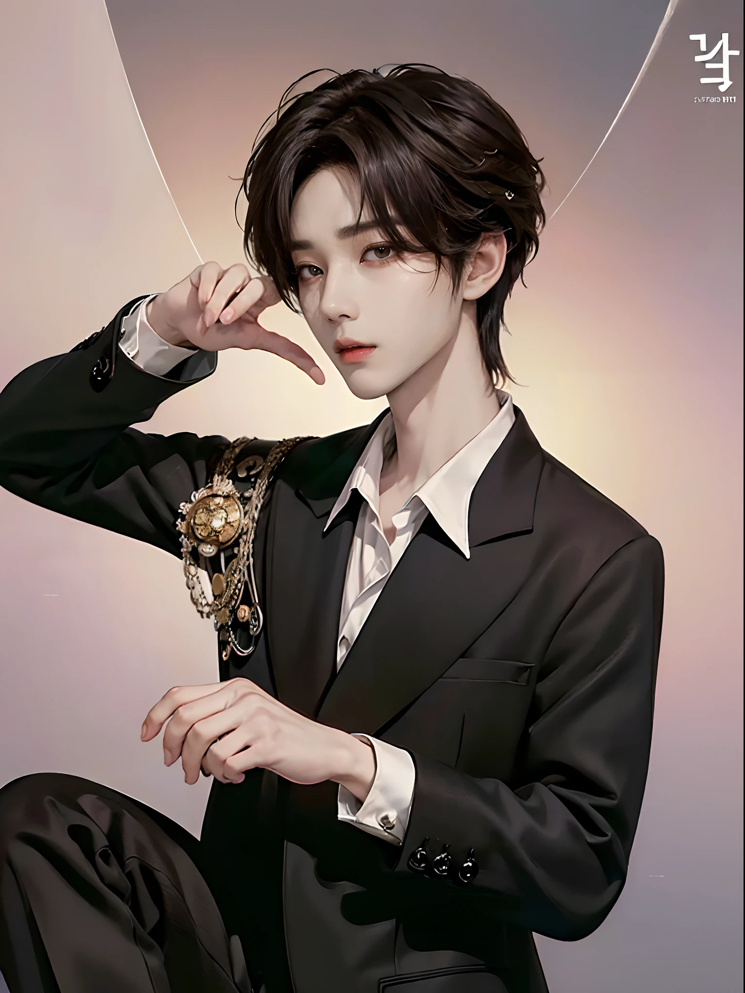 ((4K works))、​masterpiece、（top-quality)、((high-level image quality))、One Manly Boy、Slim body、((Dressed in a black tuxedo))、(Detailed beautiful eyeodel Magazines))、Face similar to Chaewon in Ruseraphim、((short hair above the ears))、((Smaller face))、((Neutral face))、((Light brown eyes))、((Korean boy))、((18year old))、((Handsome man))、((A charming expression))、((Korean Makeup))、((elongated and sharp eyes))、((Photographed so that the whole body can be seen))、((Focus zoom out))、((Model Magazine Cover))、((model poseodel photo))、Professional Photoagazine covers))