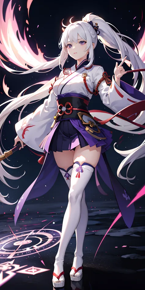 1girl, japanese clothes, ponytail ,white hair, purple eyes, magic circle, blue fire, blue flames, wallpaper, landscape, blood, blood splatter, depth of field, night, light particles, light rays, sidelighting, thighs, fate \(series\), genshin impact, ****, ...