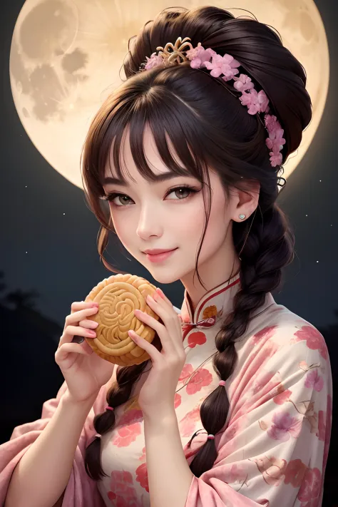 Masterpiece, Best quality, Night, full moon, Mid-Autumn Festival，1 Mature woman eats mooncakes, Chinese style, Ancient China, Im...