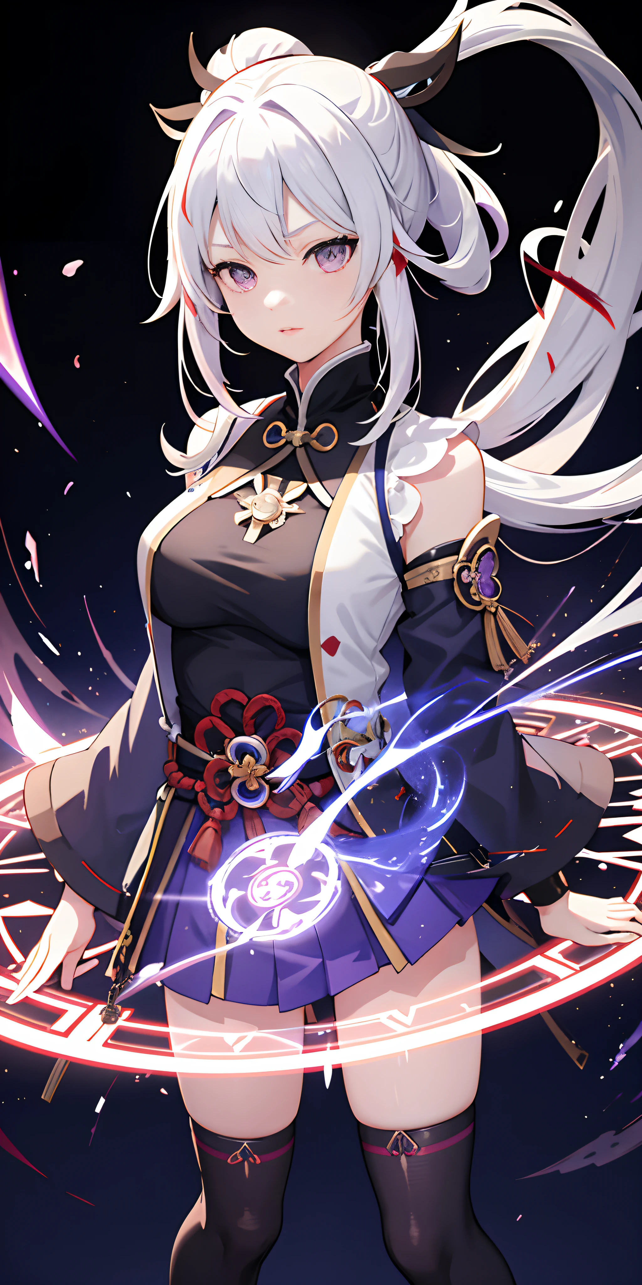 1girl, japanese clothes, ponytail ,white hair, purple eyes, magic circle, blue fire, blue flames, wallpaper, landscape, blood, blood splatter, depth of field, night, light particles, light rays, sidelighting, thighs, fate \(series\), genshin impact, ****, open jacket, skirt, thighhighs, cloud