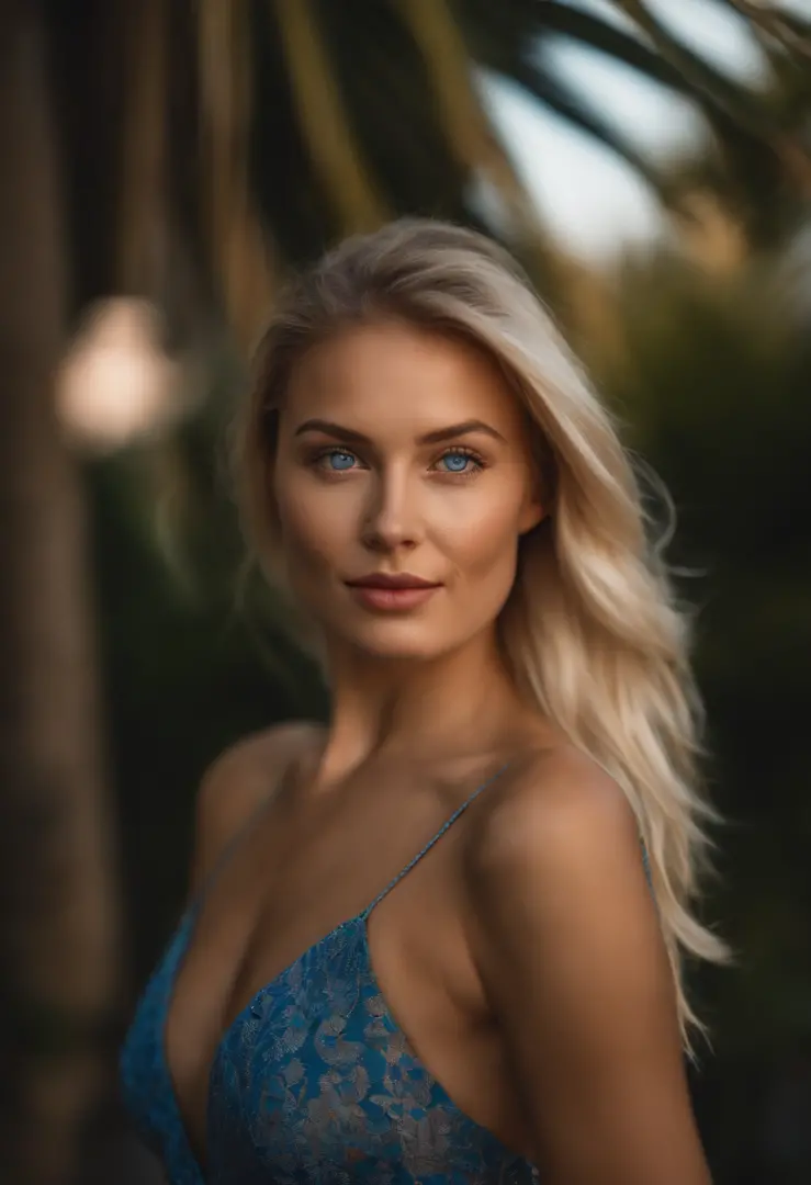 Portrait photo of a 24-year-old blonde in RAW UHD format (Blue-eyed woman) walking on the beach, Palm trees, (Upskirt), (ascot), Details (textures! , cabelo! , shine, Color!! , imperfections: 1.1), Bright eyes with high detail (looking at the camera), DSLR...