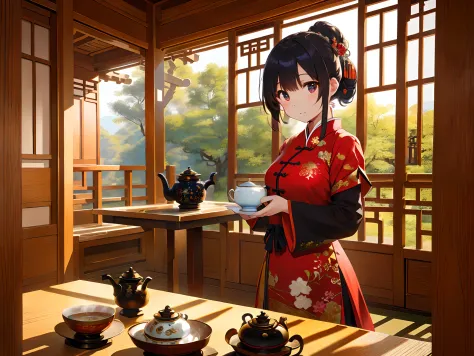 Photo, masutepiece, 8K, awardwinning, girl, Solo, Chinese dress, drinking a cup of tea, In the tea house, Chinese style decorati...