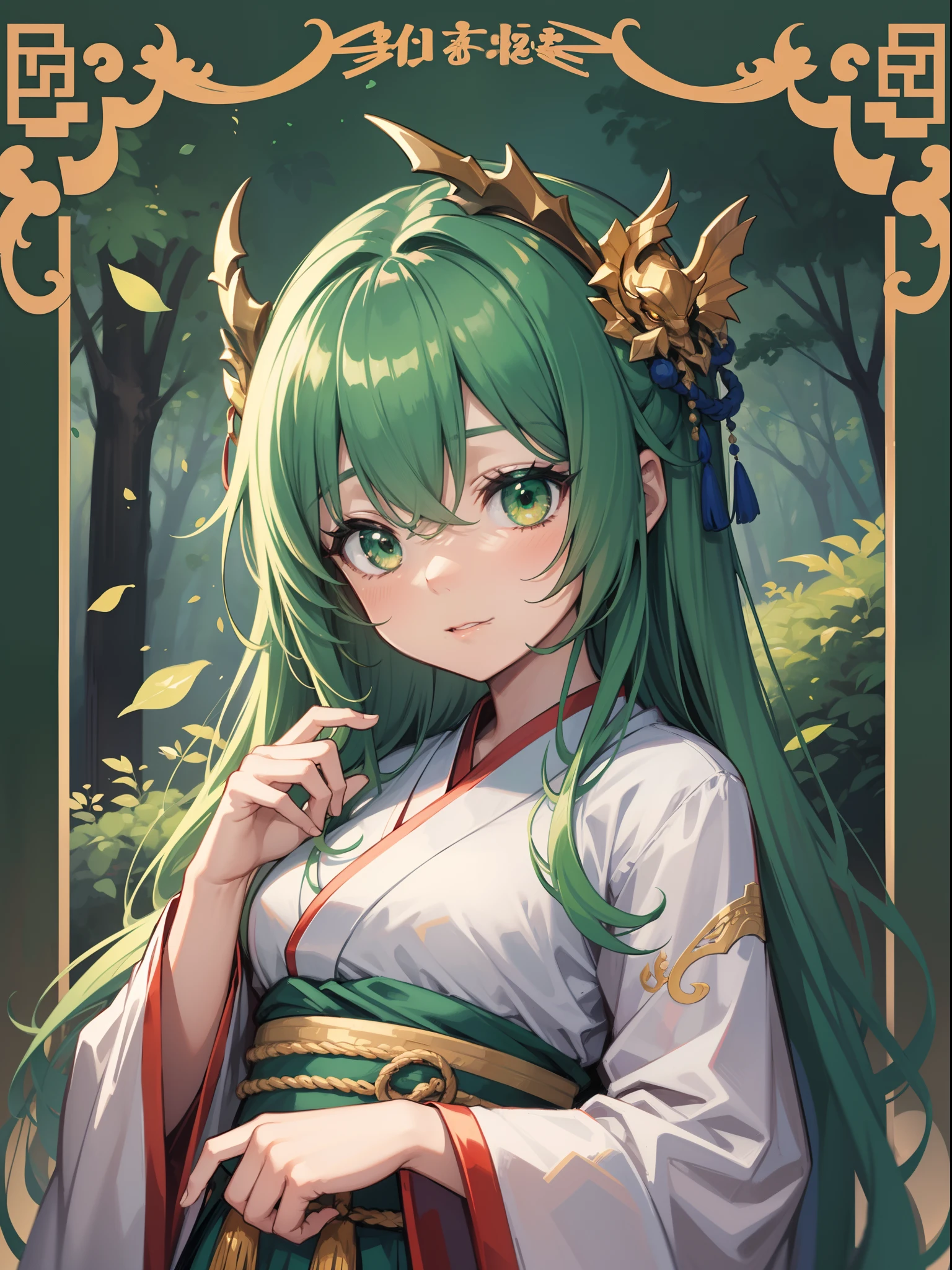 character portrait closeup，sketching，.tchibi，green pupills, full bodyesbian，standing on your feet，Robe，Hanfu，green color，Chinese dragon green background，full bodyesbian，Faraway view，Green forest dragon surrounds background，full bodyesbian，Fine face，Faraway view，full bodyesbian