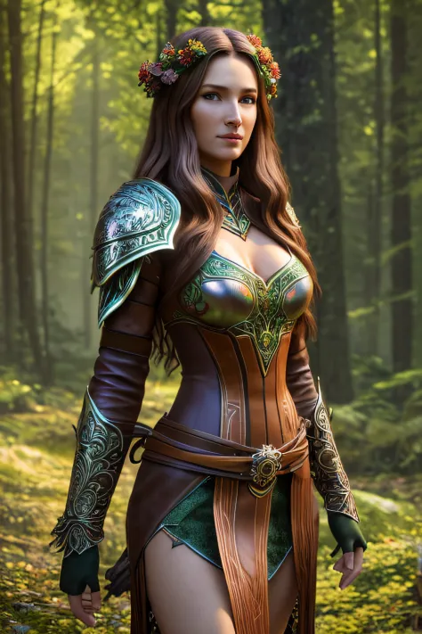 complex 3d render ultra detailed of a beautiful female druid, beautiful female druid with long copper brown hair, beautiful natu...