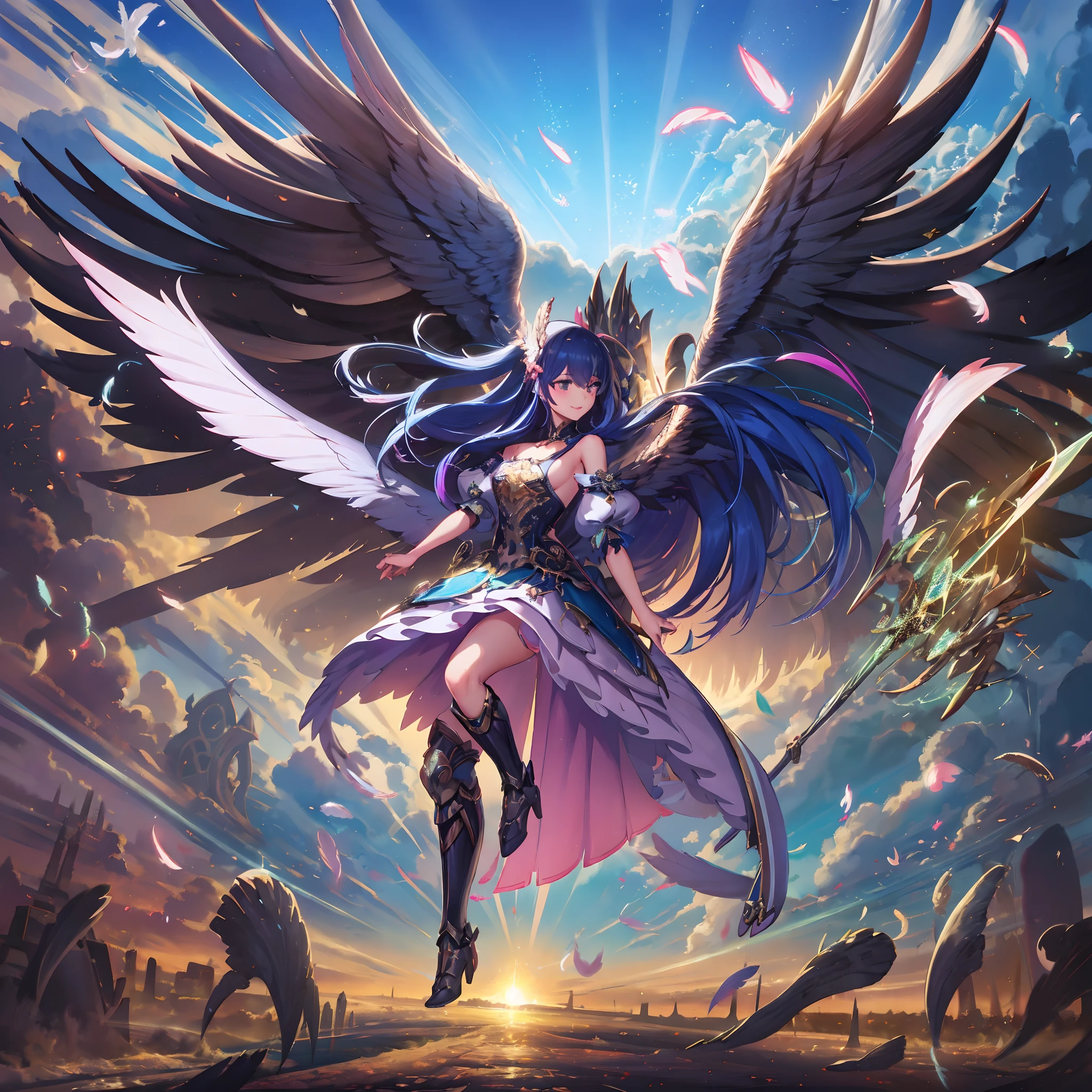 (((8K,masutepiece,Best Quality))), maxiskit, dress conservatively 1 girl, Solo, Full body, wide shoot,BREAK、(((Cute angel flying in the blue sky))), Fantasy, Big Angel Wings, Big smile, Blue long wavy hair, Blue hair, Delicate eyes, beautifullydetailedbackground, BREAK、(Above the clouds in the blue sky), (2 large feathers:1.3), Lens Flare,Anime girl with angel wings and sword in hand, anime goddess, goddess of Japan, cushart krenz key art feminine, angel knight girl, Seductive Anime Girl, beautiful alluring anime woman, anime fantasy artwork, high detailed official artwork, marin kitagawa fanart, anime fantasy illustration, beautiful celestial mage, Very detailed ArtGerm, Detailed Digital Anime Art（（Super best quality））， （（A very masterpiece））， （（super detailing：1.4））， （（hyper realistic lifelike 3d））， Dragon Warrior Girl， Mechanical body， Dynamic action poses in battle scenes， Mechanical weapons of very complex and heavy fighters， Off-the-shoulder fashion that blends dense and complex steampunk with dense gothic lolita， Complex steampunk headgear， very thin long legs， Mechanical boots above the knee， Fluttering lace flared mini skirt， beautiful small breasts directed upwards，Somewhat long, Vertical curly silver hair fluttering in the wind，Countless shining large spheres flying around，Many sparks cross and fly，Countless neon signs rained down from magic-evoking gestures，Steampunk Factory，Complex and precise mechanical ruins，Very dark night background，Very dramatic and cinematic lighting。