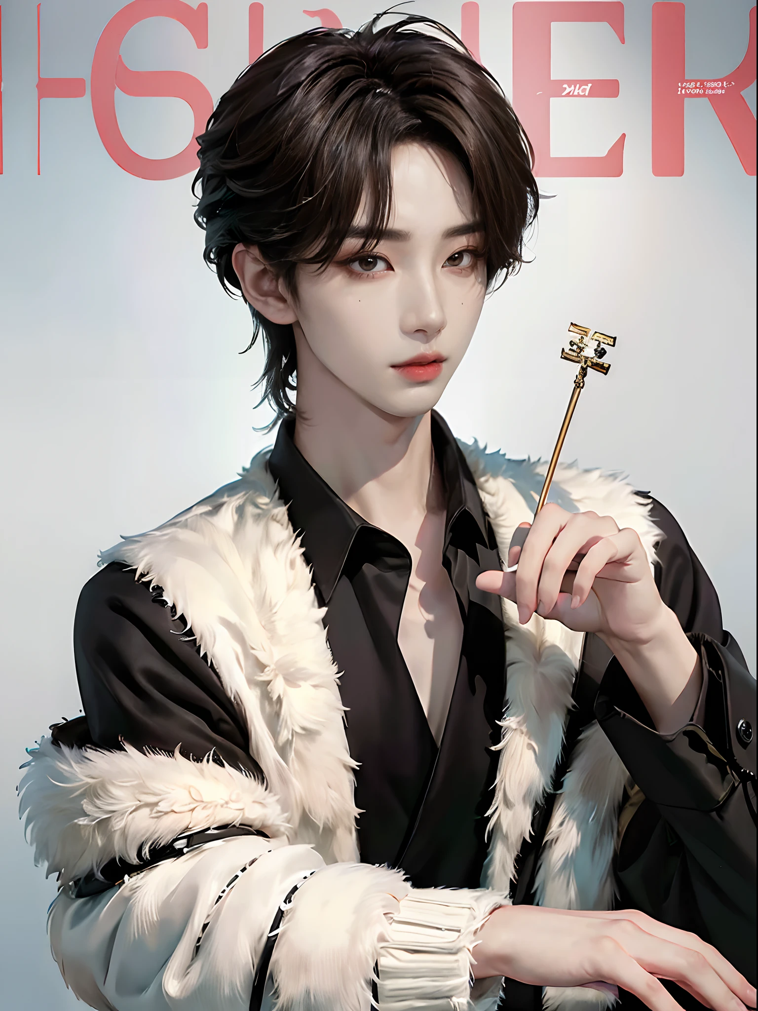 ((4K works))、​masterpiece、（top-quality)、((high-level image quality))、((One Manly Boy))、Slim body、((Man in black tuxedo))、(Detailed beautiful eyeodel Magazines))、Face similar to Chaewon in Ruseraphim、((short hair above the ears))、((Smaller face))、((Neutral face))、((Light brown eyes))、((Korean boy))、((18year old))、((Handsome man))、((A charming expression))、((Korean Makeup))、((elongated and sharp eyes))、((Focus zoom out))、((Model Magazine Cover))、((model poseodel photo))、Professional Photoagazine covers))、((Shot alone))
