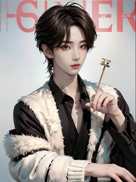 ((4K works))、​masterpiece、（top-quality)、((high-level image quality))、((One Manly Boy))、Slim body、((Man in black tuxedo))、(Detailed beautiful eyes)、((Model Magazines))、Face similar to Chaewon in Ruseraphim、((short hair above the ears))、((Smaller face))、((Ne...