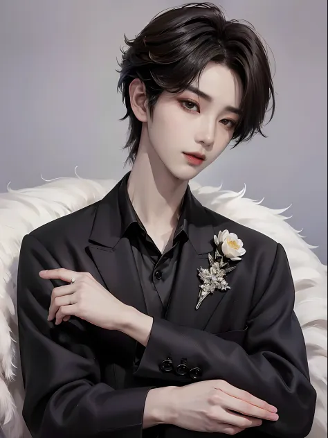 ((4K works))、​masterpiece、（top-quality)、((high-level image quality))、((One Manly Boy))、Slim body、((Man in black tuxedo))、(Detailed beautiful eyes)、((Model Magazines))、Face similar to Chaewon in Ruseraphim、((short hair above the ears))、((Smaller face))、((Ne...