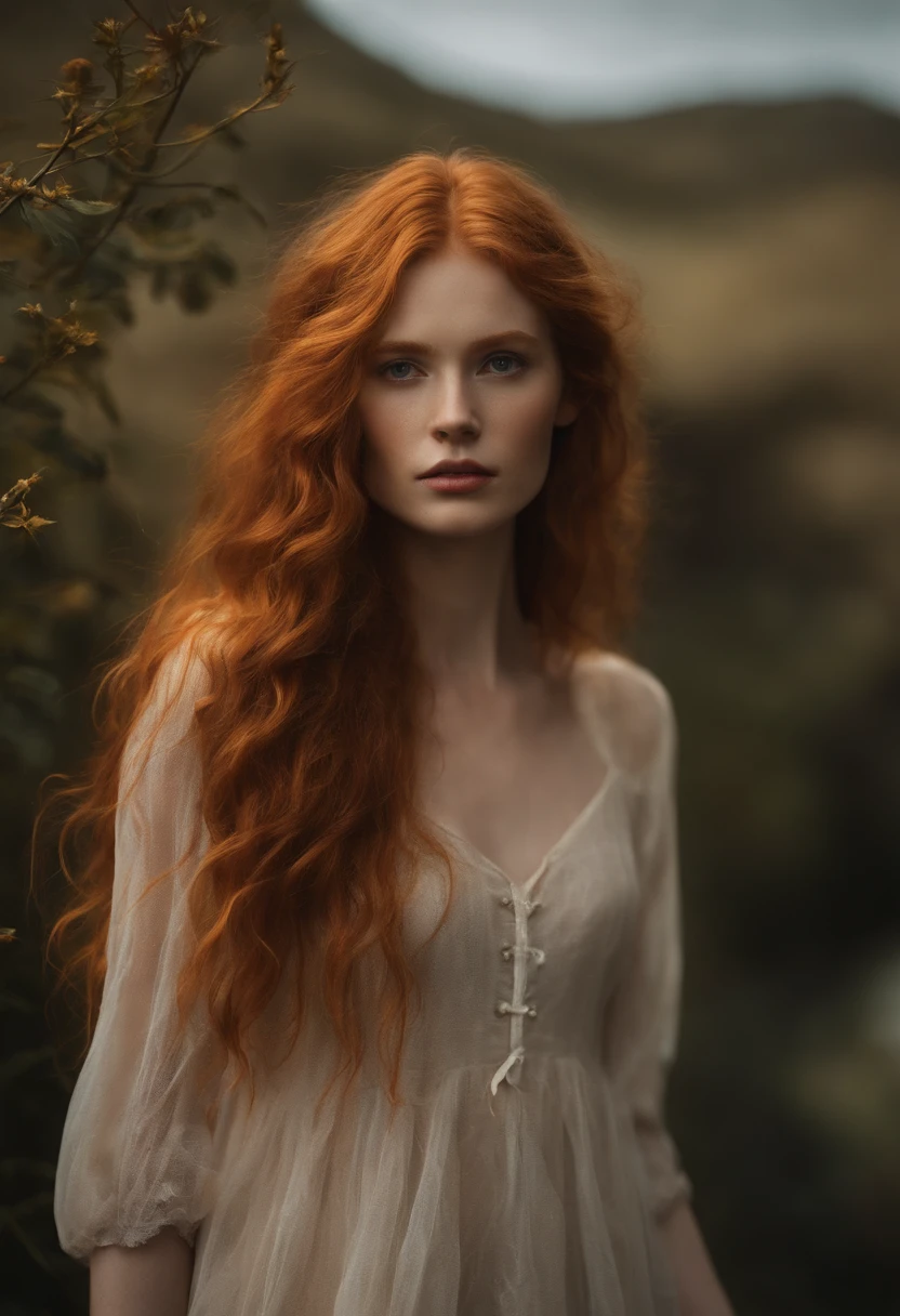 A woman with long red hair standing in front of a bush - SeaArt AI