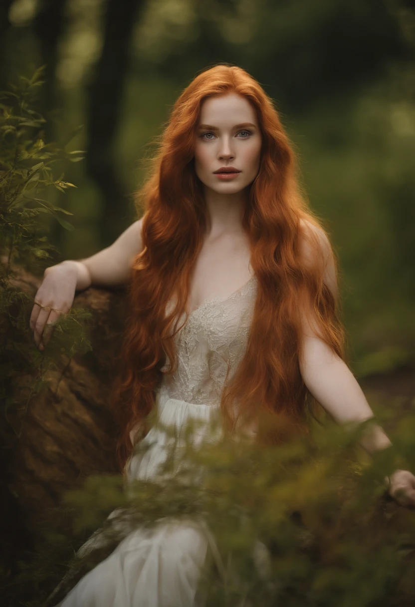 A woman with long red hair sitting in a forest - SeaArt AI