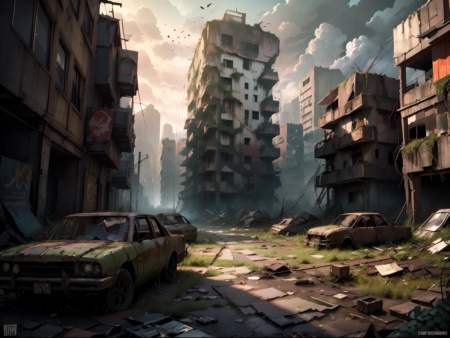 Concept art pour un monde post-apocalyptique avec des ruines, végétation envahie, et un seul survivant