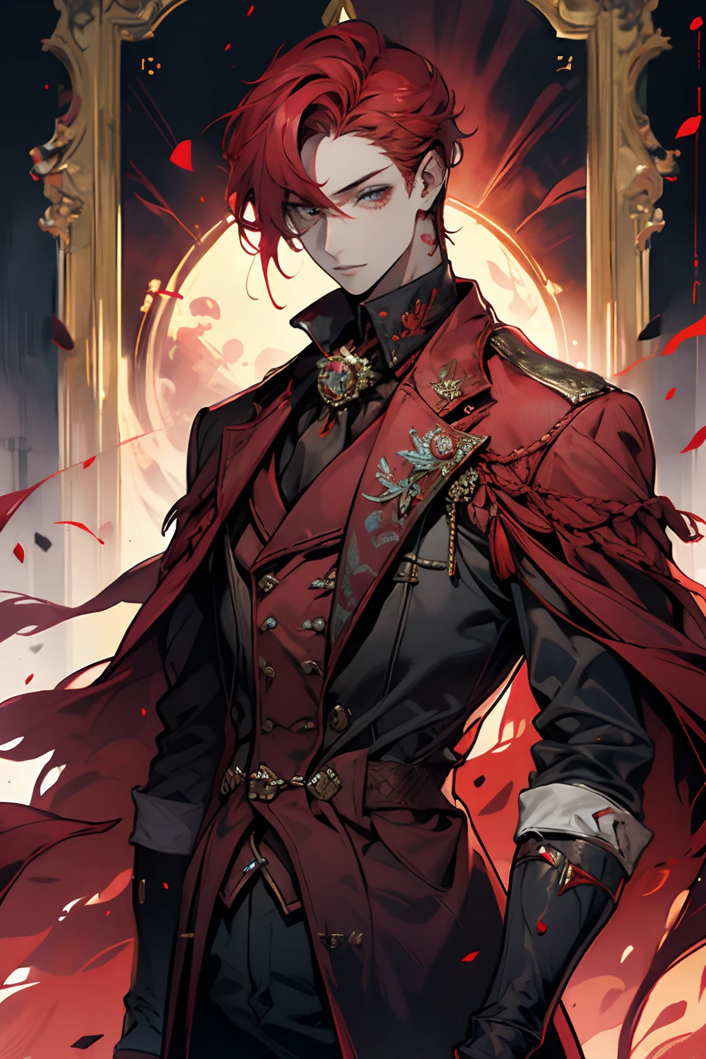 1 men, red hair, Black and red formal suit, Eyes red, blood magic, pointy ears