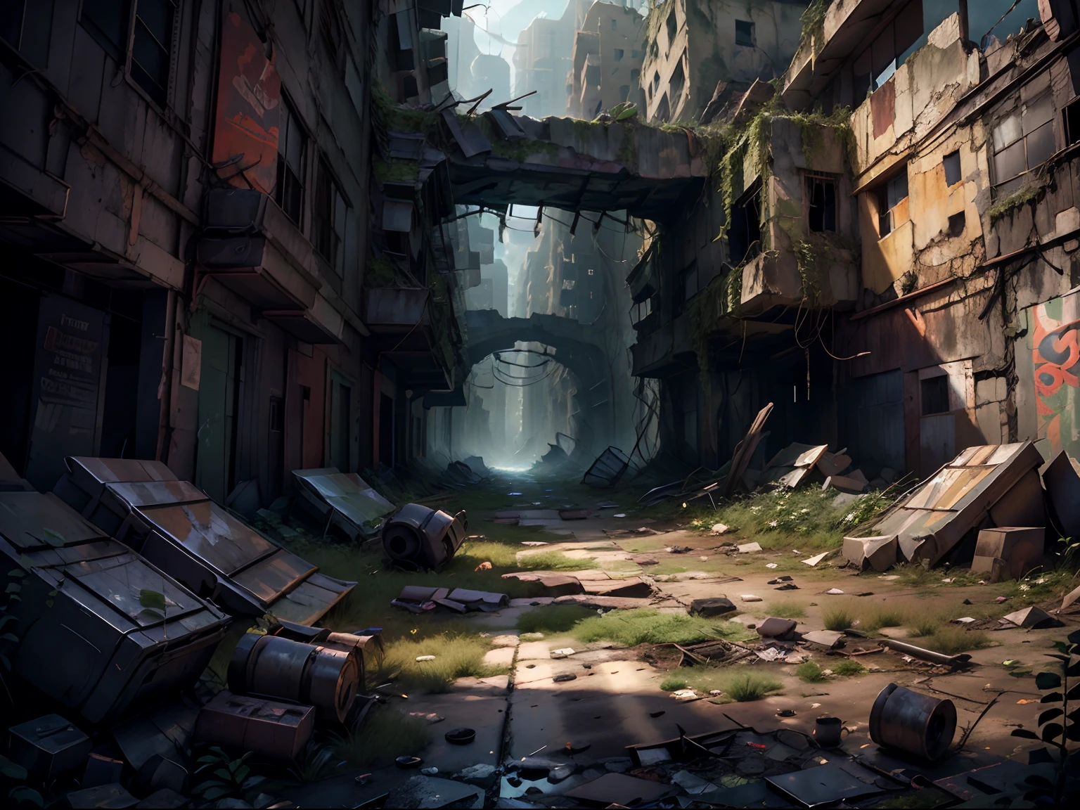 Concept art pour un monde post-apocalyptique avec des ruines, végétation envahie, et un seul survivant