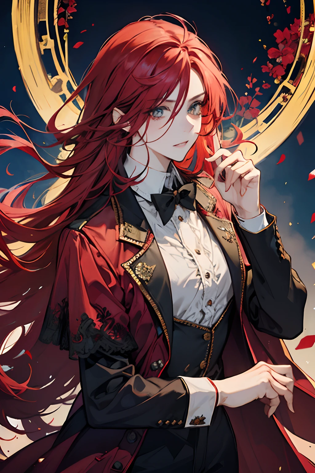 1 homme, cheveux roux, Costume formel noir et rouge, les yeux rouges, magie du sang, oreilles pointues