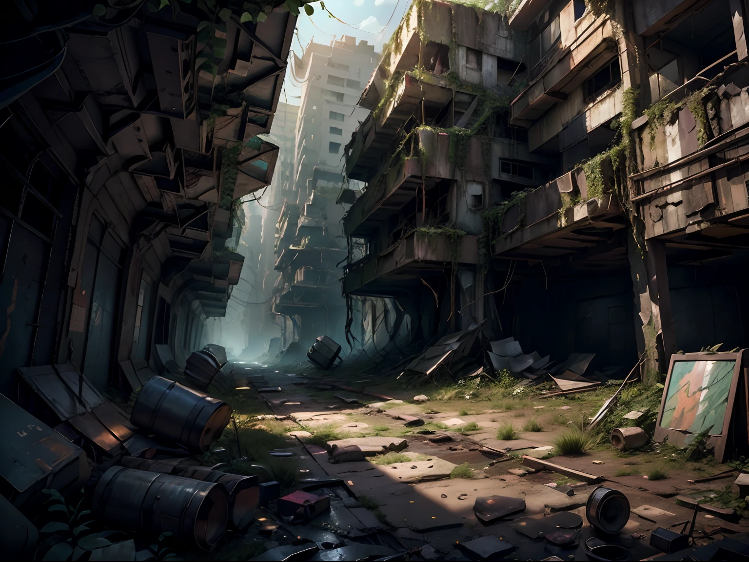 Concept art for a post-apocalyptic world with ruins, overgrown vegetation, and ((a lone survivor)), extremely detailed, cinematic lighting.