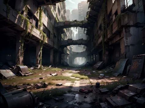 Concept art for a post-apocalyptic world with ruins, overgrown vegetation, and ((a lone survivor)), extremely detailed, cinemati...