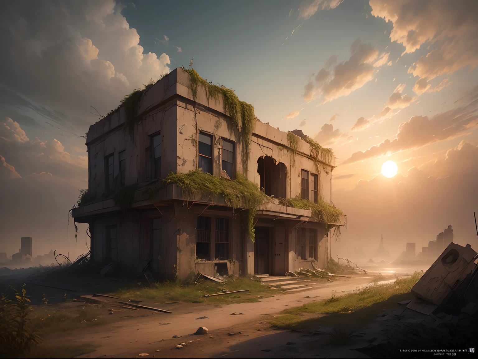 Concept art for a post-apocalyptic world with ruins, overgrown vegetation, setting sun, (1 person), extremely detailed, cinematic lighting.