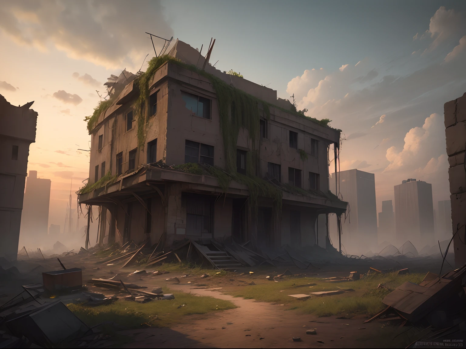 Concept art for a post-apocalyptic world with ruins, overgrown vegetation, setting sun, (1 person), extremely detailed, cinematic lighting.