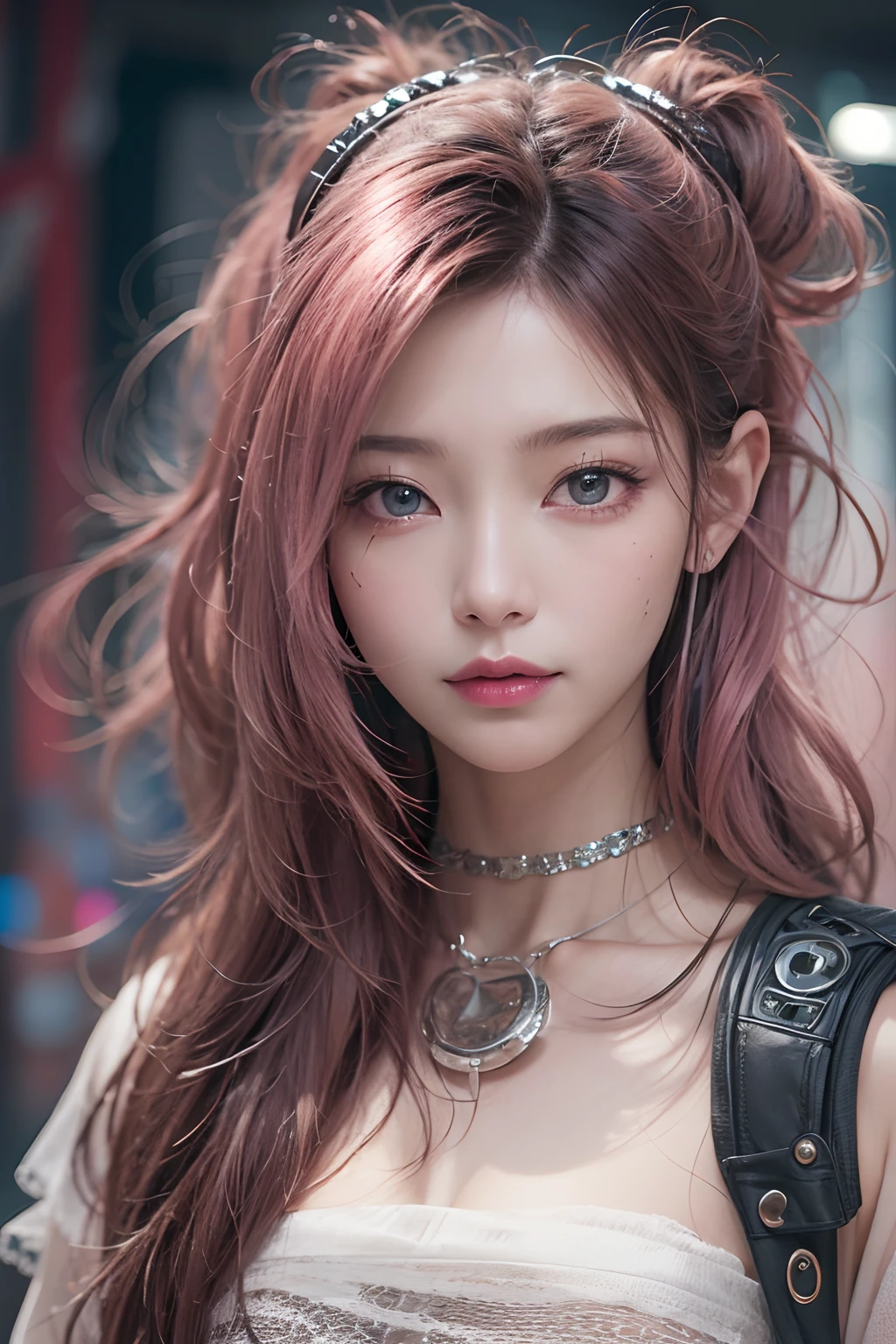 ​masterpiece, 1 beautiful girl, Detailed eye, Swollen eyes, top-quality, 超A high resolution, (reality: 1.4), light, japanes, a asian beauty, very extremely beautiful, Beautiful skins, A slender, Forward-facing body, gazing at viewer、(A hyper-realistic), (hight resolution), (8k), (ighly detailed), ( Best Illustration), (beautifully detailed eyes), (Ultra-detail), Detailed face, Bright lighting, Professional Lighting、The background is a cyberpunk room with a large number of monitors..、Hair color is pink twin tails、、headset on head、Moles under the eyes、Plump and glossy lips、Heart-shaped choker、Female Game Commentator