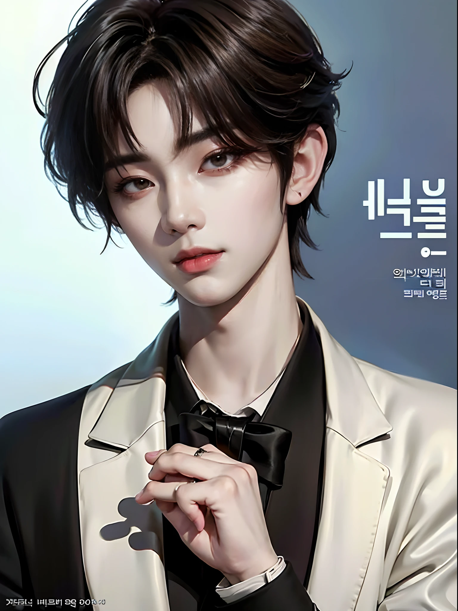 ((4K works))、​masterpiece、（top-quality)、((high-level image quality))、((One Manly Boy))、Slim body、((Man in black tuxedo))、(Detailed beautiful eyeodel Magazines))、deacon、Face similar to Chaewon in Ruseraphim、((short hair above the ears))、((Smaller face))、((Neutral face))、((Light brown eyes))、((Korean boy))、((18year old))、((Handsome man))、((A charming expression))、((Korean Makeup))、((elongated and sharp eyes))、((Focus zoom out))、((Model Magazine Cover))、((model poseodel photo))、((Butler photo))、Professional Photoagazine covers))、((Shot alone))、((Upper body photography))
