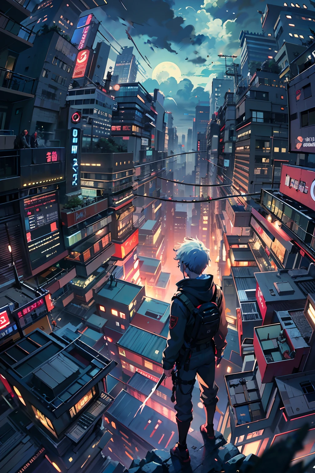 1boy,(a 13 yo boy:1.5)、Anime-style protagonist、Cyberpunk Boy、Black attire、silber hair、katanas,machine gun、Whole body bloody、Overhead view of the composition、The beginning of the adventure、Lots of clouds,heavy fog、Moon,Chaotic city of the future、dystopian、Dim lighting、Chaotic、Beautiful and fantastic scenery、Cinematic scenery、hightquality、masutepiece,in 8K、hight resolution、