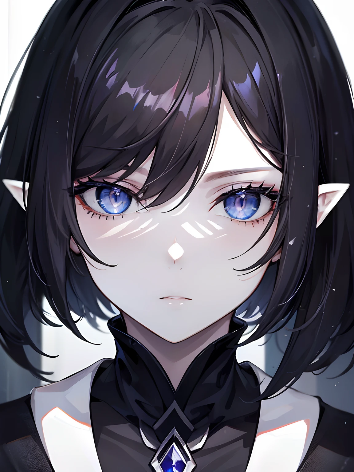 (Master piece, Best Quality,high Quality),1girl,shadow hair,dark black hair,short hair,(white skin, pale skin), pointy ears,beautiful and detailed face, detailed eyes,(grey theme),((very close-up))