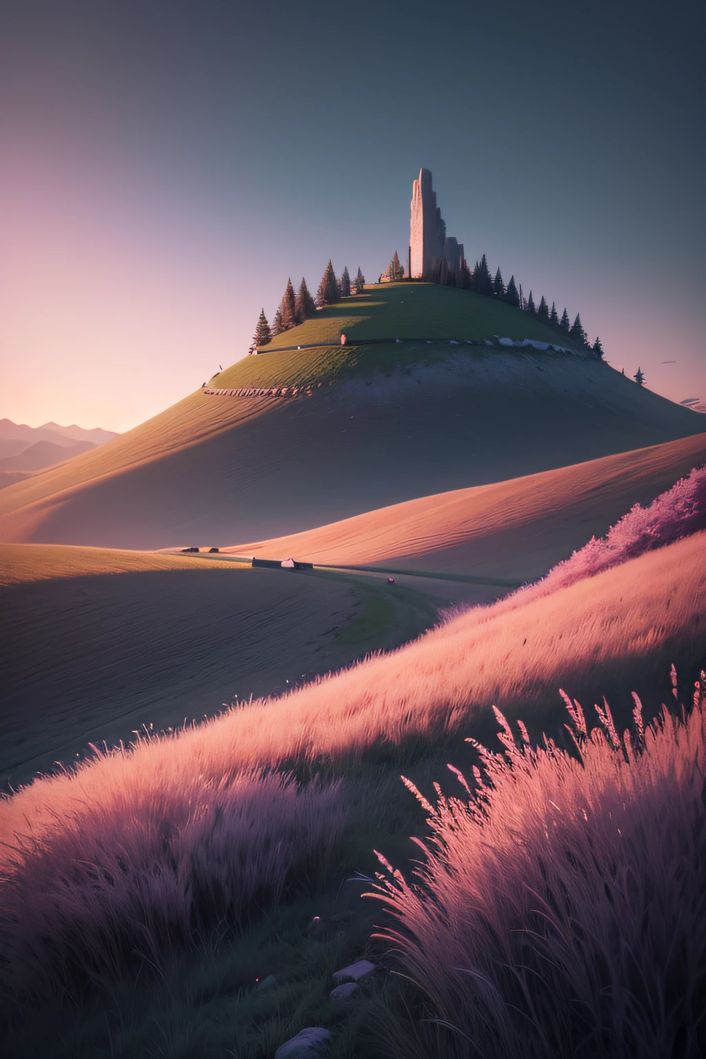 The hillside is covered with grass, Like the steppe，The lens shakes slightly，The sky will be black，the sunset，Sunset taillights appear purple sky，Grayish blue，Grayish pink，The long grass swayed with the slow rhythm of the wind，There was a man sitting quietly on the grass enjoying the wonderful scenery，first person perspective，Ultra-clear details，photography of + Bokeh +Surreal，surreal dream landscape, highly  detailed，Hyper-detailing，cinmatic lighting，Dream scenes,Dark，It's getting dark，nigth，4K分辨率，（Contrast ratio 6.3），（Color 7.3）(Scene darkness 7.3),（A cinematic scene）