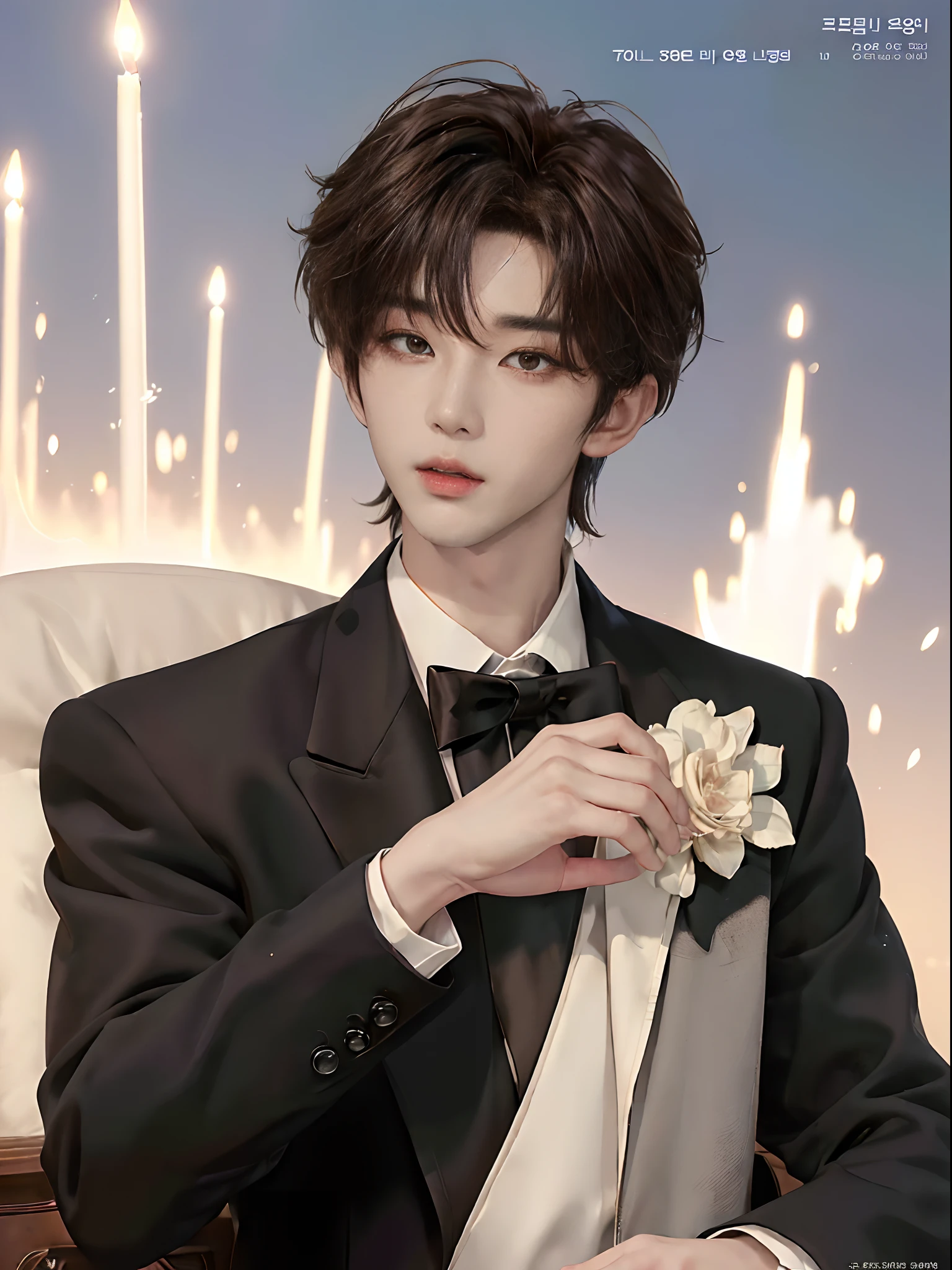 ((4K works))、​masterpiece、（top-quality)、((high-level image quality))、((One Manly Boy))、Slim body、((Man in black tuxedo))、(Detailed beautiful eyeodel Magazines))、deacon、Face similar to Chaewon in Ruseraphim、((short hair above the ears))、((Smaller face))、((Neutral face))、((Light brown eyes))、((Korean boy))、((18year old))、((Handsome man))、((A charming expression))、((Korean Makeup))、((elongated and sharp eyes))、((Focus zoom out))、((Model Magazine Cover))、((model poseodel photo))、((Butler Photos))、Professional Photoagazine covers))、((Shot alone))、((Upper body photography))