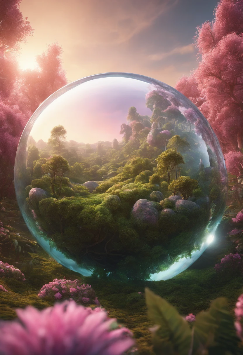 (((masterpiece))) (((best quality))) glass sphere, close-up of a planet with a bunch of trees on it, overgrown planet, green planet, fractal world, fantasy overgrown world, fantasy planet, Dyson sphere, pink planet, 3D render beeple, planetary landscape, round planet inspired by Jofra Bosschart, planet, futuristic world, psychedelic flower planets, ethereal world, (outgoing glow)