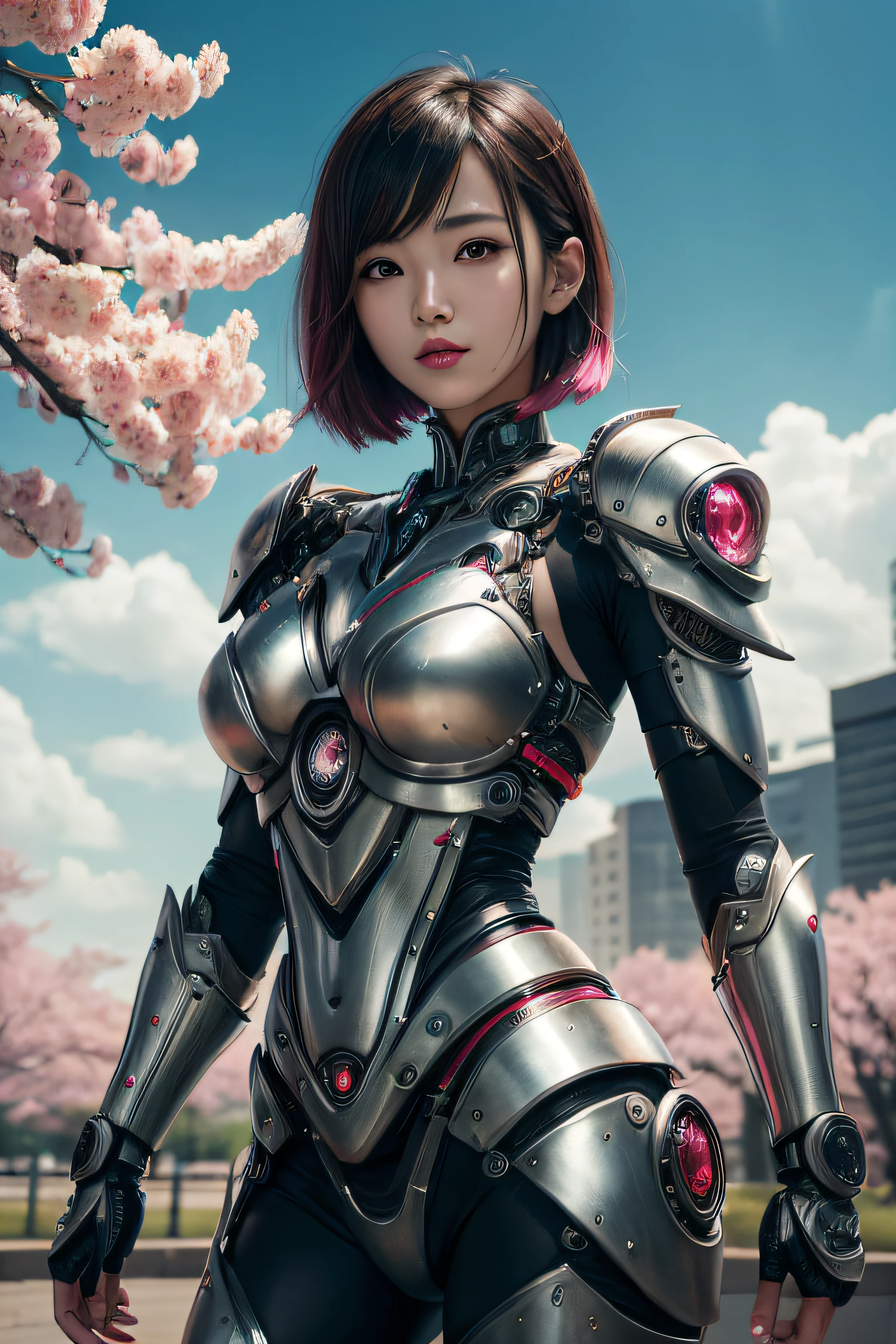 hermosa joven japonesa, usando una armadura cyborg hecha de engranajes, rasgos simétricos gruesos, pelo muy corto, El fondo es flores de cerezo., aura rosada, labios rojos, renderizado de octanaje,