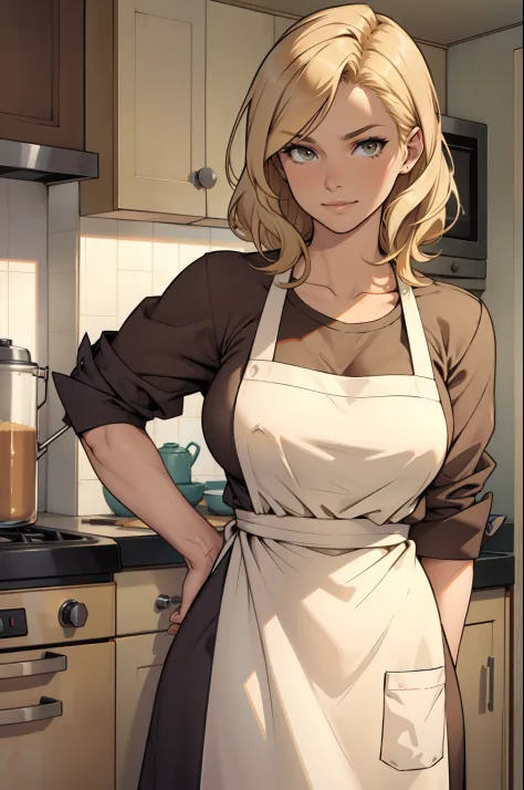 a sandy blonde busty middle aged house wife wearing an apron