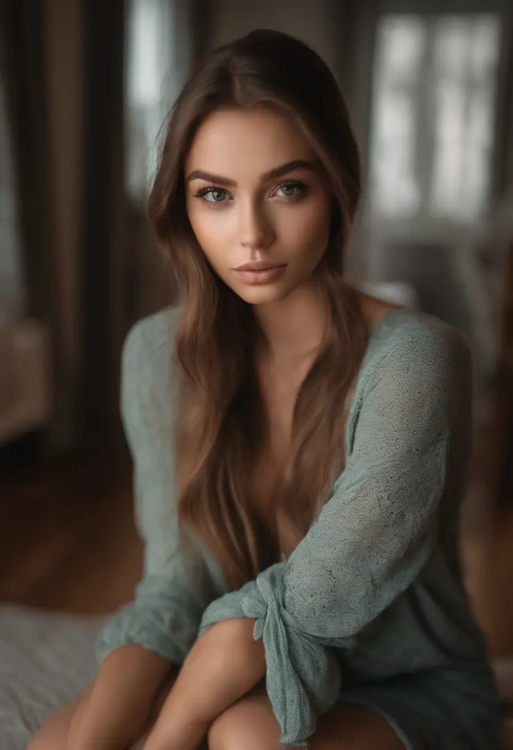 arafed woman fully , sexy girl with green eyes, portrait sophie mudd, brown hair and large eyes, selfie of a young woman, bedroom eyes, violet myers, without makeup, natural makeup, looking directly at the camera, face with artgram, subtle makeup, stunning...