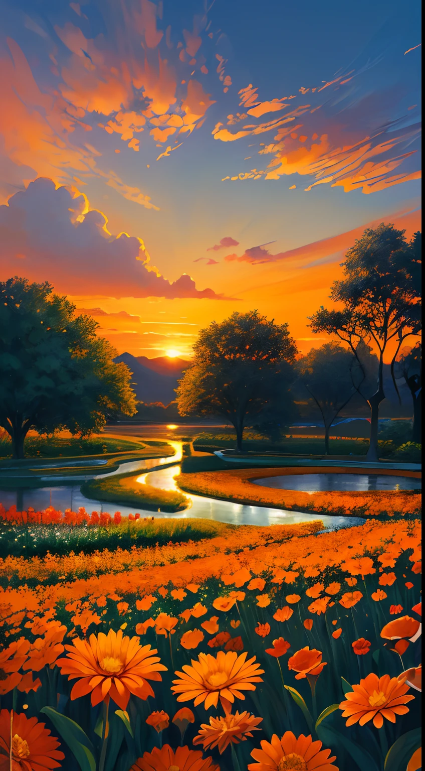 masterpiece,gorgeous, the gorgeous sunset in a garden, flowres, water, landscape, beautiful clouds, orange, orange atmosphere, amazing sky, stunning view, an artistic painting,