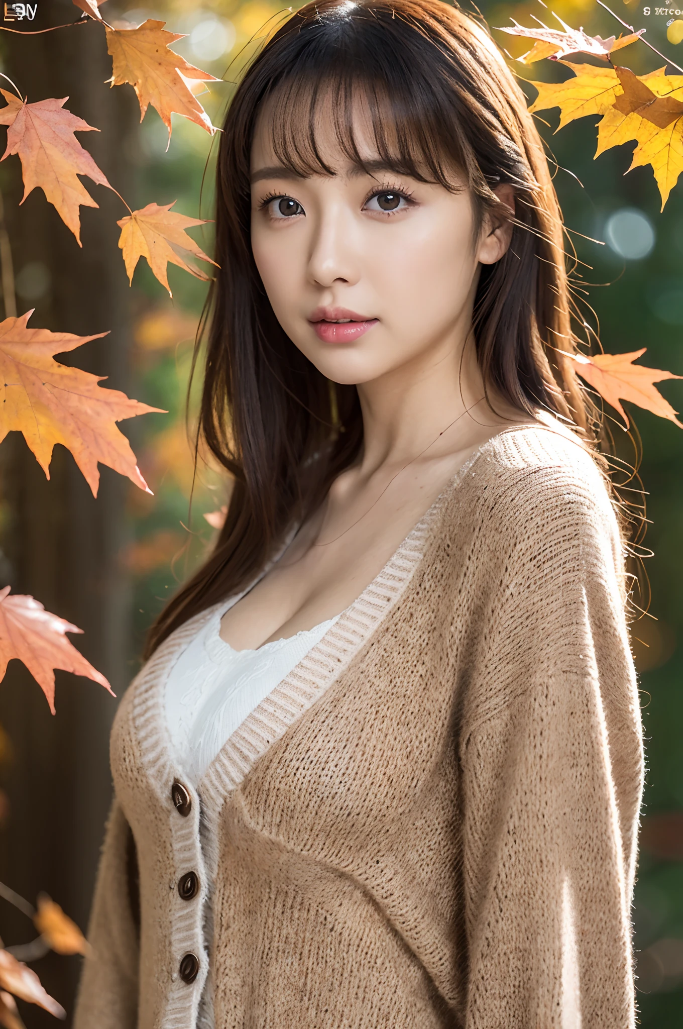 autumnal，Landscape of autumn leaves、Falling leaves，lacepantyhose，((Long cardigan with front closed、leggins、Tight pants))、depth of fields，Real Light，Ray traching，OC renderer，UE5 Renderer，Hyper-realistic，best qualtiy，8k，Works of masters，super-fine，Correct anatomy、Asian Women, (8k、RAW Photos、top-quality、​masterpiece:1.2)、(realisitic、Photorealsitic:1.37)、25-years old、1 girl、light brown hair、Detailed face、Detailed lips、detailedeyes、(huge-breasted:1.5)、Alafed Women,