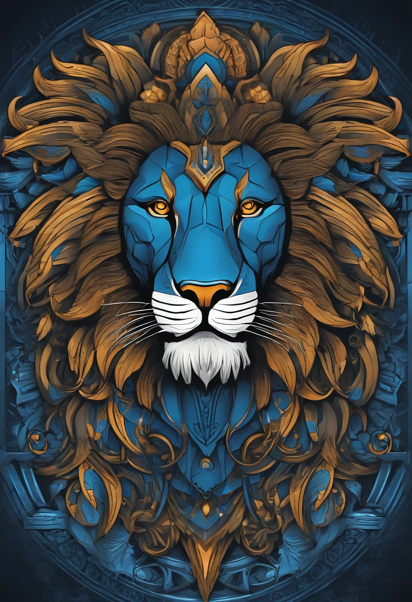 una imagen de un león con cara de mecha azul , a tatuaje by Gwilym Prichard, ganador del concurso de instagram, Deseducado, tatuaje, Deseducado, pintura detallada, 2D vector art, obra de arte centrada, simetría perfecta, vector plano, fondo limpio