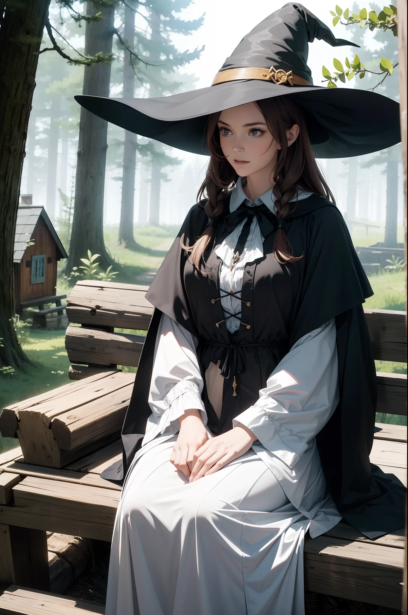 Witch sitting on a bench in a forest with a hat on - SeaArt AI