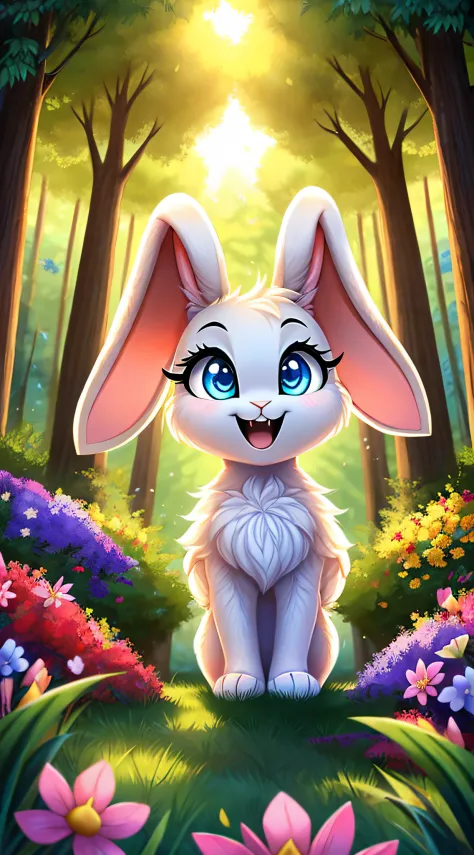 zoomed out image, fantasy style art, cute, adorable, little fluffy female white bunny with blue eyes, 2 extra ears, 4 ears, big floppy ears, long ears, ears perked up, raised ears, long eyelashes, poofy rabbit tail, smiling, standing in a forest, big expre...
