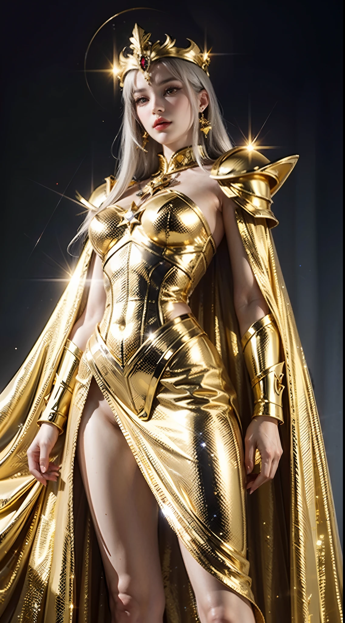 Close-up of a gold-clad woman with a white cape, Beautifully patterned gold armor, the sailor galaxia, the god emperor of mankind, Golden armor, Saint Seiya, gold paladin, Light gold armor, goddes, Wearing gold armor, wearing golden armor, Gold armor, golden armor wearing, The goddess of gold, Charismatic, Model standing，The whole body glows like a diamond，