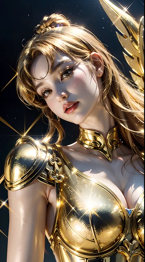 Close-up of a woman in gold with wings, angelic golden armor, the sailor galaxia, the god emperor of mankind, Golden armor, Saint Seiya, gold paladin, Light gold armor, Anime goddess, Wearing gold armor, wearing golden armor, Gold armor, golden armor weari...