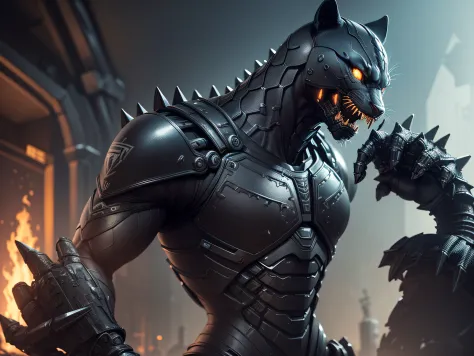 An ultra realistic poster of many small details: detailed cybernetics: nanotechnology : humanoid panther with ancient rusty arm and armor:bitumen acid rainglue: with sharp teeth and spines in hands: wrapping around the neck skuuls