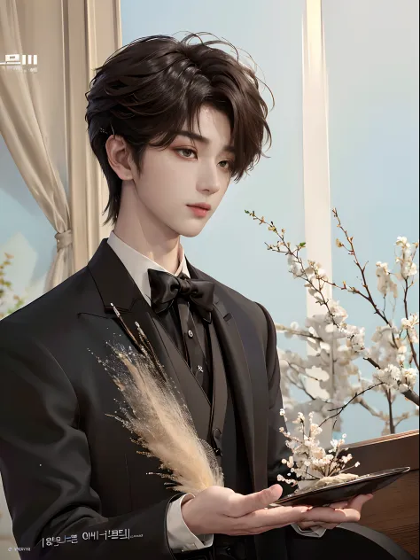 ((4K works))、​masterpiece、（top-quality)、((high-level image quality))、((One Manly Boy))、Slim body、((Man in black tuxedo))、(Detailed beautiful eyes)、((Model Magazines))、deacon、Face similar to Chaewon in Ruseraphim、((short hair above the ears))、((Smaller face...