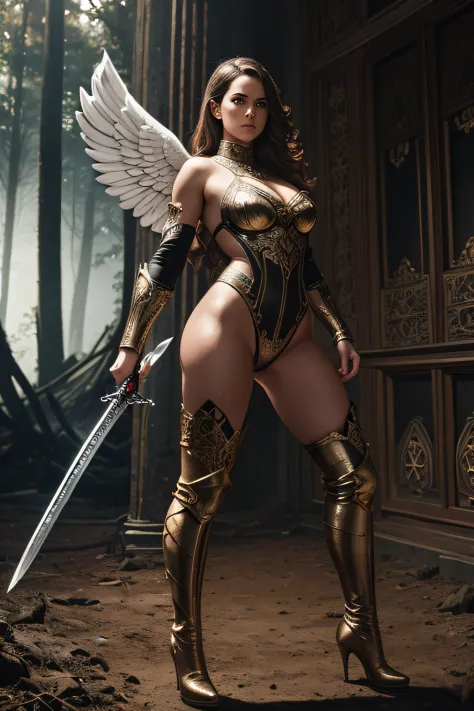 full body open shot 3/4 front, beautiful angelic woman face in strength pose, beautiful incredibly detailed and intricate Roman body armor, hypermaximalist, brown thigh high high heel boots, muddy thigh high leather boots, muddy high heel boots in action s...