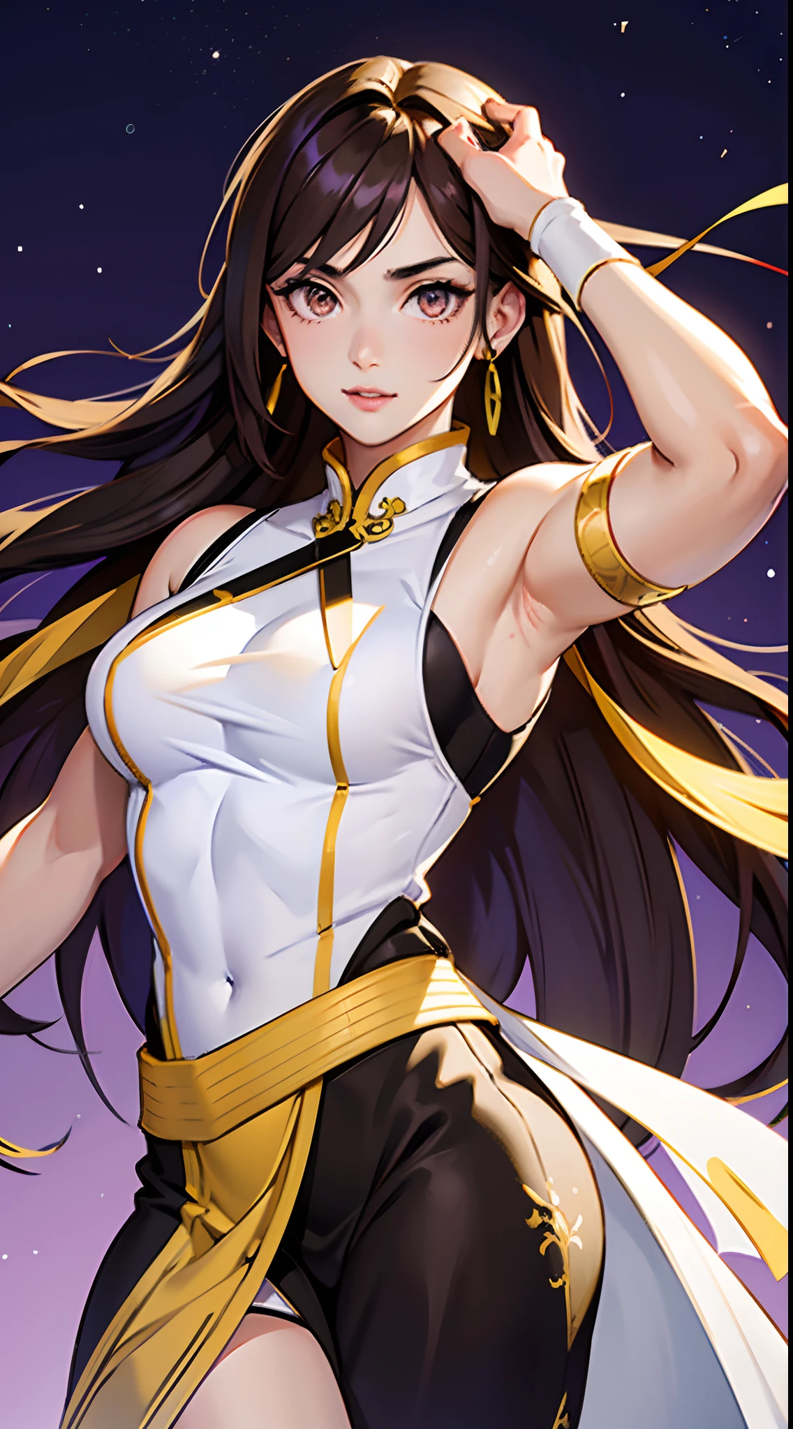 Beautiful woman , very long hair , dark brown hair , gold eyes , lean body , yellow under hair , age 26

Wearing a white dress, purple and gold trim , black straps, sleeveless , long white arm bands , modern Qipao, Sexy , light purple accessories ,