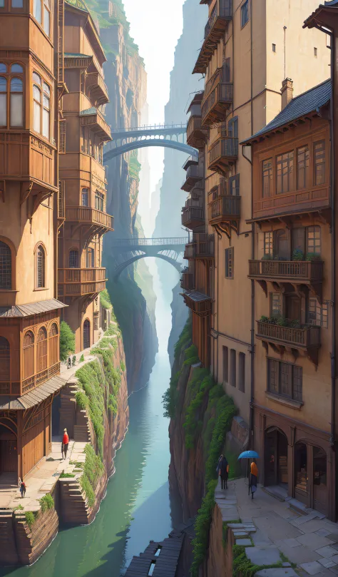 ((masterpiece)),((best quality)),((high detial)),((realistic,))
Industrial age city, deep canyons in the middle, architectural streets, bazaars, Bridges, rainy days, steampunk, European architecture --v6