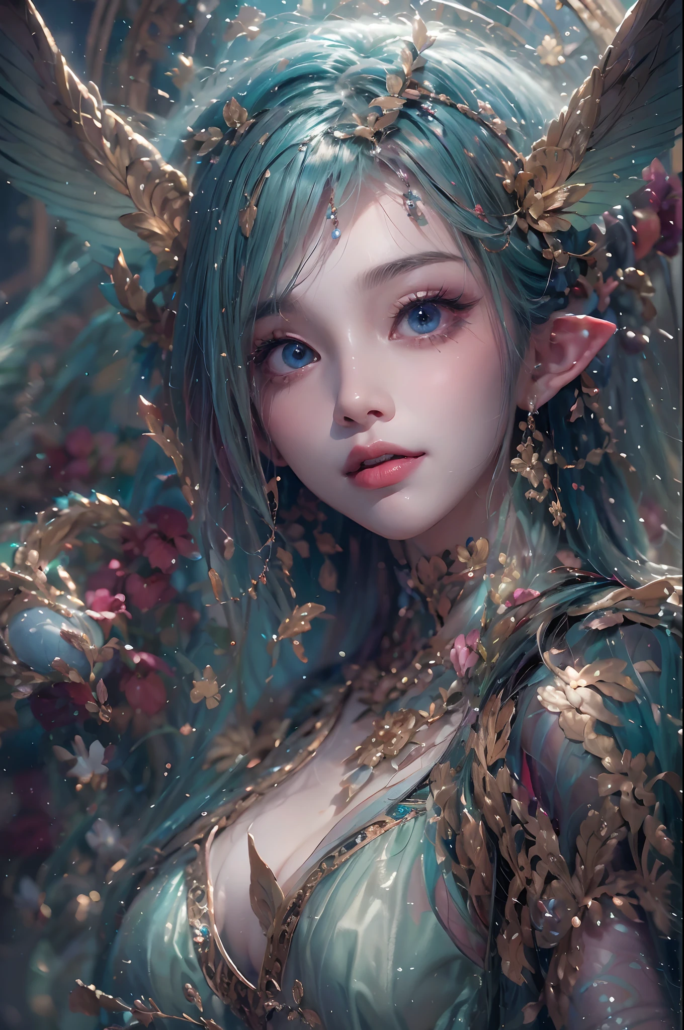 ( Absurd, High quality, Ultra-detailed, Masterpiece, concept-art, smooth, high detail artwork, Hyper-realistic painting ) , elf, Plum elf, plum , Transparent fairy wings, huge tit，low chest，fairytale-like, Romantic, Vivid, Whole body,hand behind back，Malu，largeeyes，（Eye focus），Cosmic eyes，Space eyes，ssmile，In nature with waterfalls，PureErosFace_V1，Urzang-6500-V1 Edition.1，